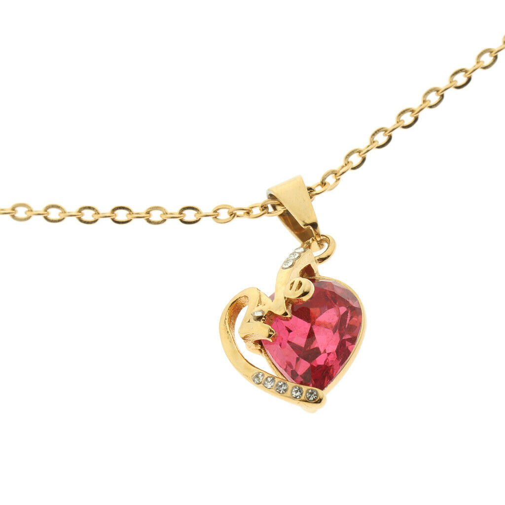 Love Pendant Necklace Stainless Steel Heart Shaped Zircon Pendant Golden Red