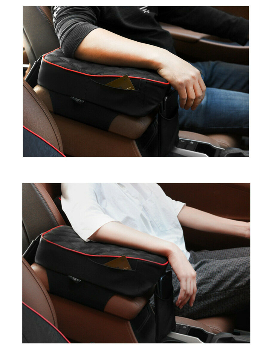 Car Armrest Cushion Box Mat Armrest Console With Phone Holder Storage Bag Black