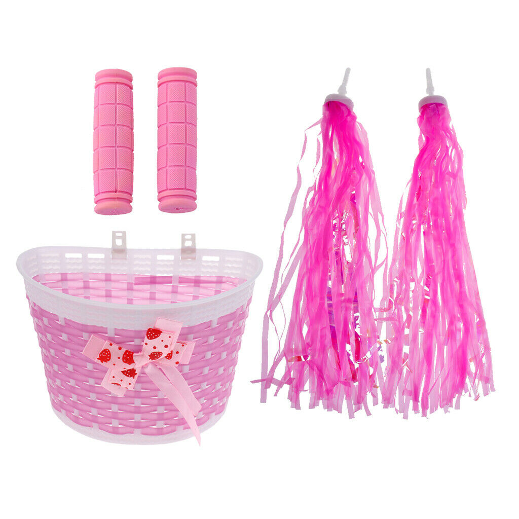 Girls Bike Basket Pink Kids  Scooter Streamers With Handlebar Grip Covers