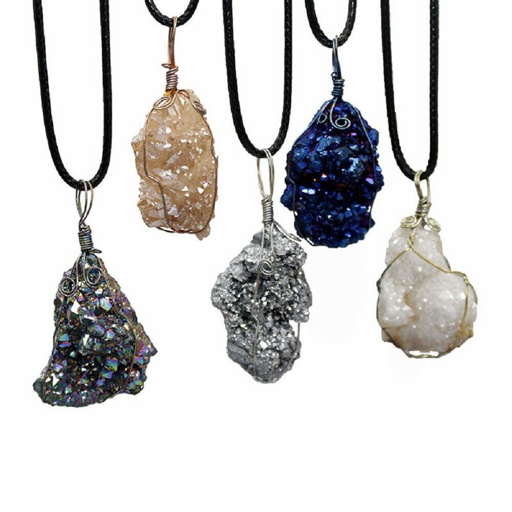 Wrap Rainbow Titanium Crystal Agate Druzy Natural Quartz Geode Pendant Beads US