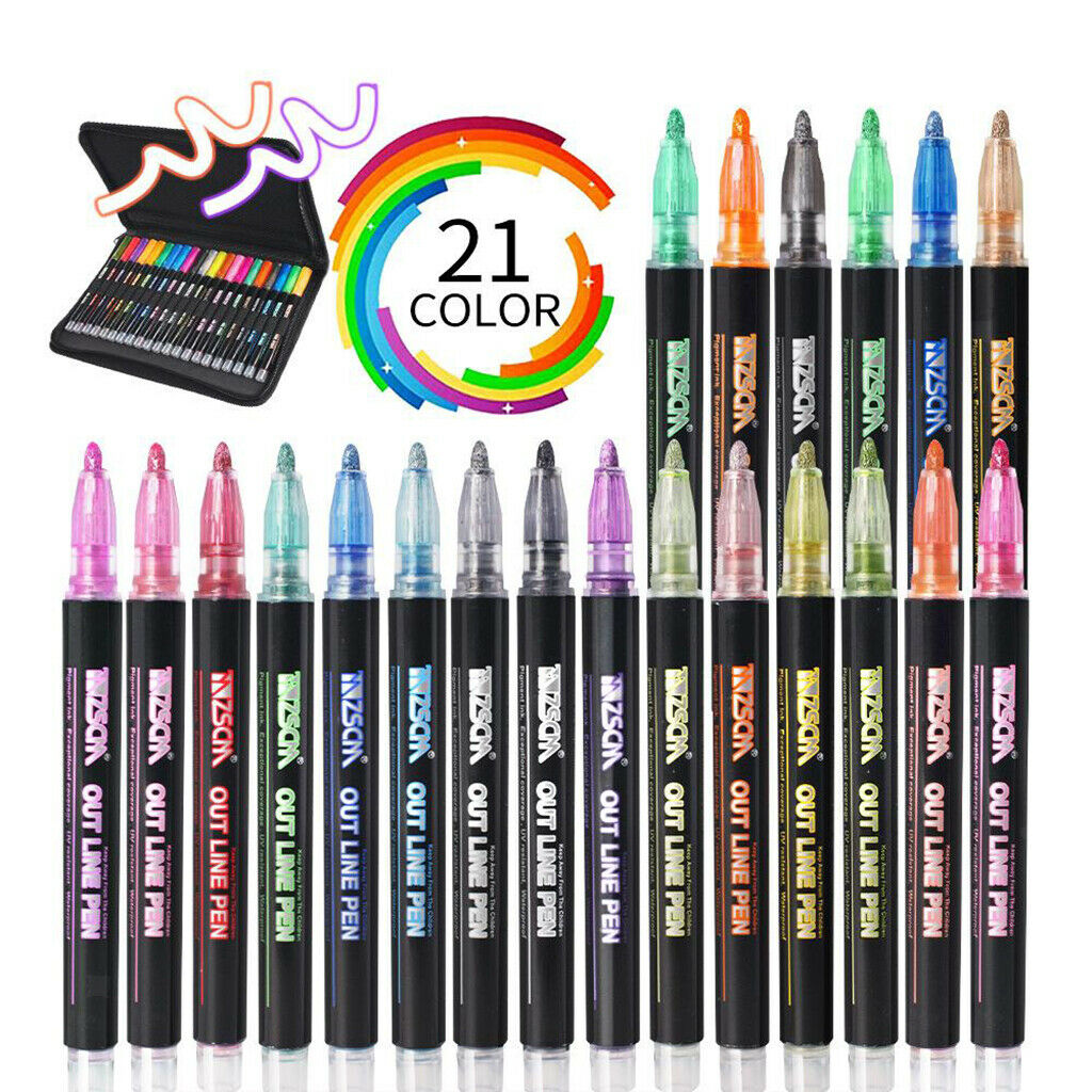 21 Colors Self-outline Metallic Markers, Double Line Pen Writing Drawing