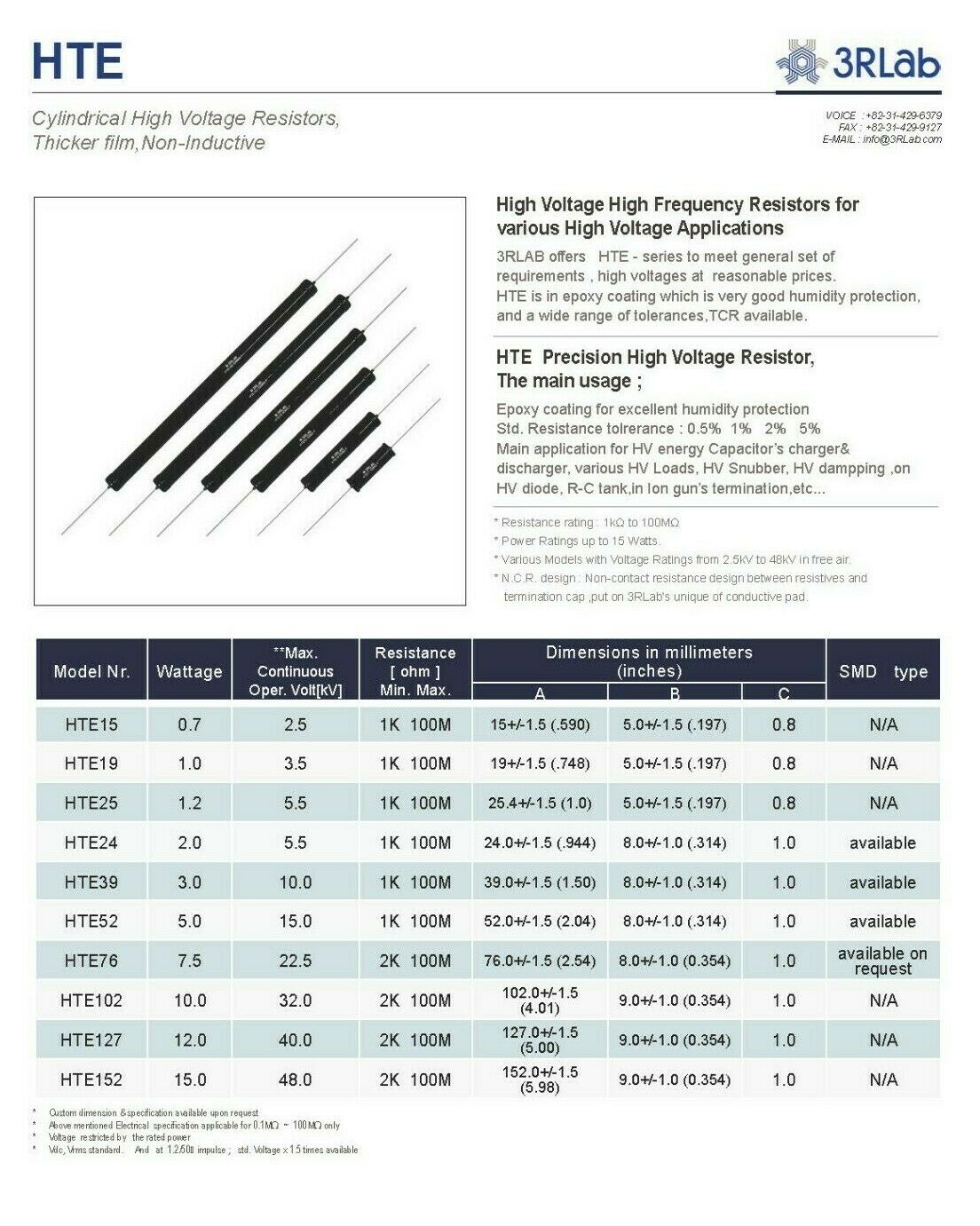 1pcs - 3RLab HTE15 60.3K (60K3) 1% 0.7W 2.5KV Non-Inductive film Resistor