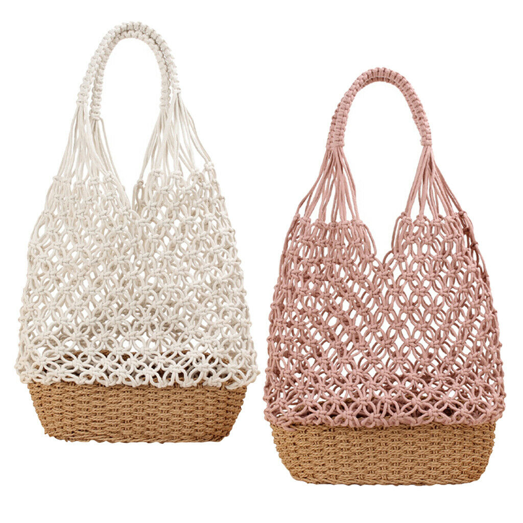 2PCS Womens Straw Shoulder Bag Beach Shopping Bag Woven Bag Purse Pink+White