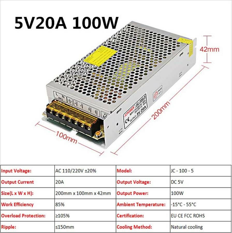5V 20A 100W DC Regulated Switching Power Supply PSU Transformer  Driver LED