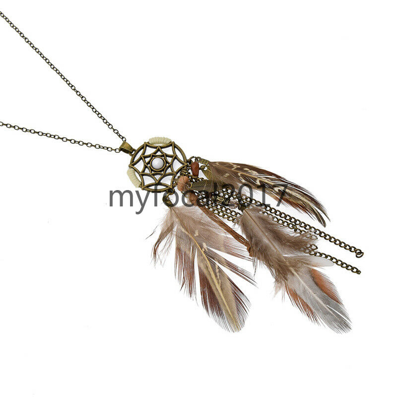 Boho Long Feather Dream Catcher Pendant Necklace Bohemian Women Jewellery Gift