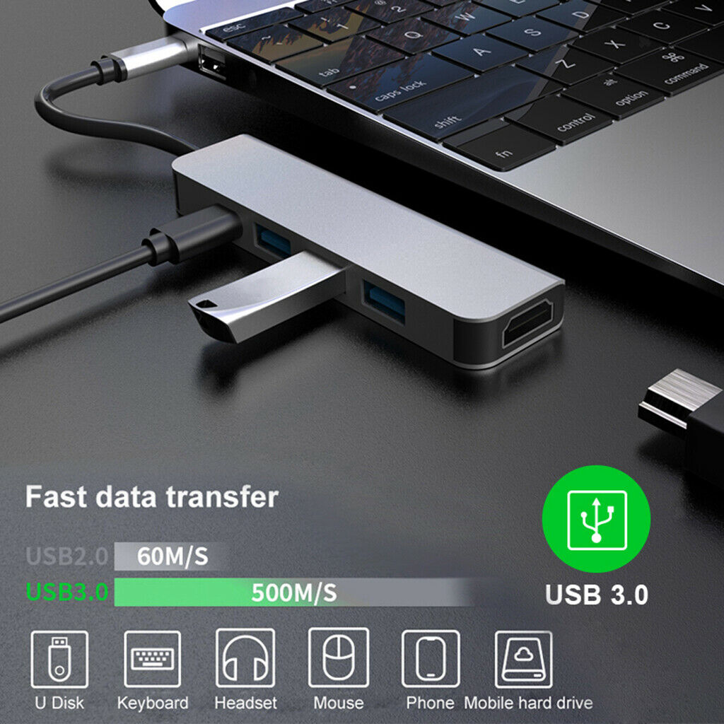 5 IN 1 Type-C USB 3.0 Hub Adapter HDMI 4K Converter 87W PD Charge for Laptop
