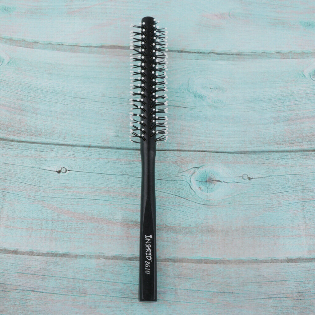 Small Mini Round Hair Brush Nylon Bristles, Black Long Wood Handle Hair