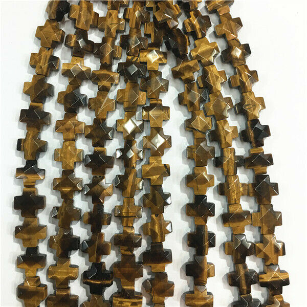 1 Strand/17Pcs 12x12x6mm Natural Tiger Eye Gem Faceted Cross Loose Beads HH676
