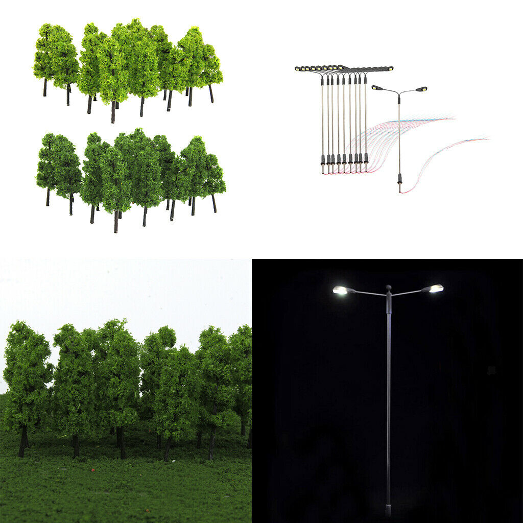 10Pc LED Street Light+20Pc Green Tree Models HO for Diorama Scenery