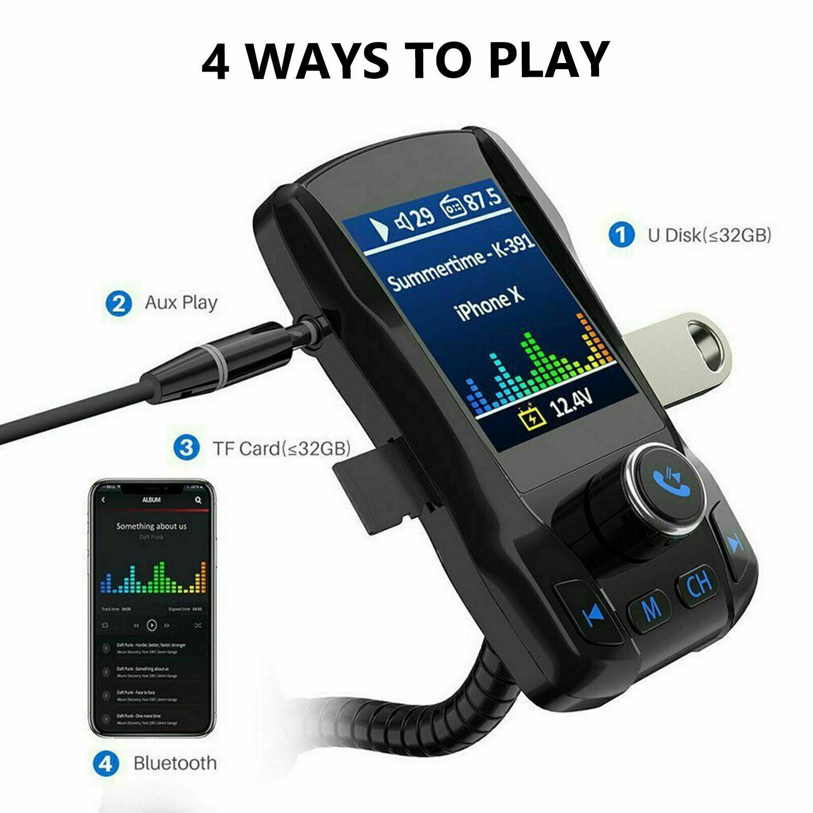 1.8 inch Car Bluetooth 5.0 FM Transmitter MP3 Wireless Adapter Dual USB Charger
