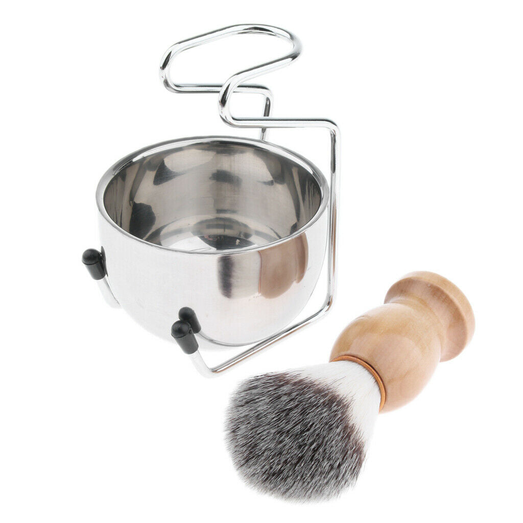 3x Premium Wood Shaving Brush Bowl Mug Cup Stand Holder Kit Set For Men