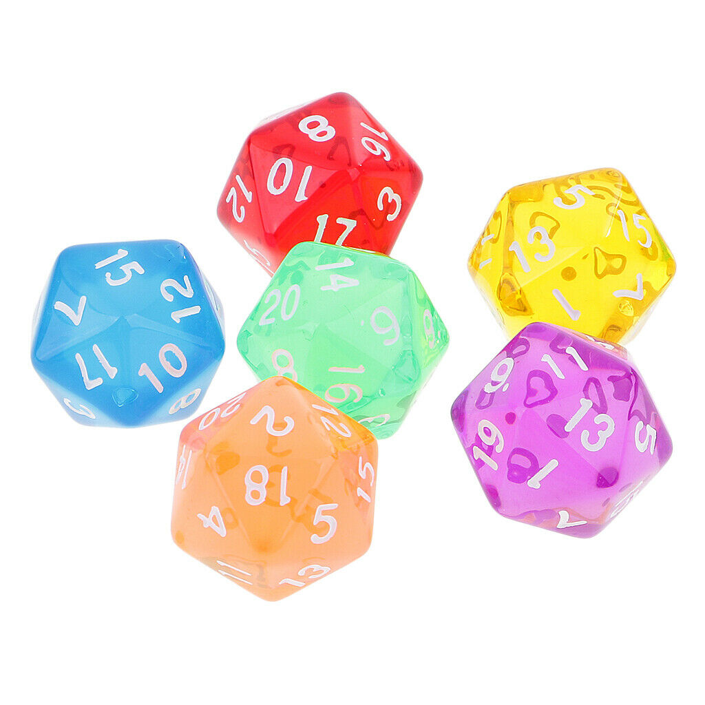 6pcs 20 Sided D20 Clear Colorful Dice for Playing  D&D RPG