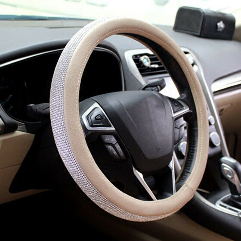15'' Beige Crystal Front Car Steering Wheel Cover w/ Bling Rhinestone PU Leather