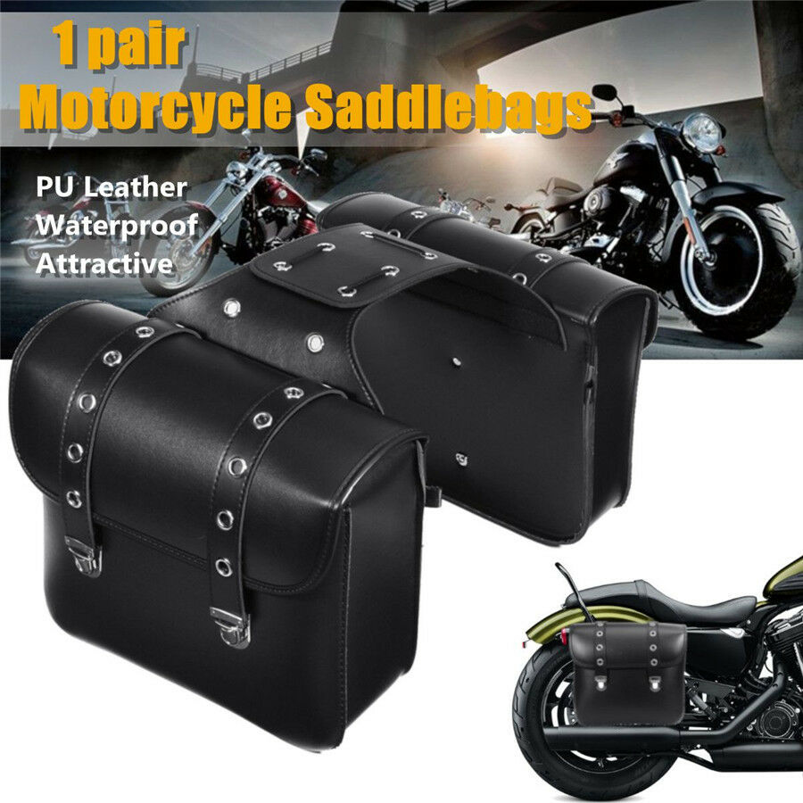 2 Pc PU Leather Black Weatherproof Motorbike Saddle Bag Hard Appearance Modeling