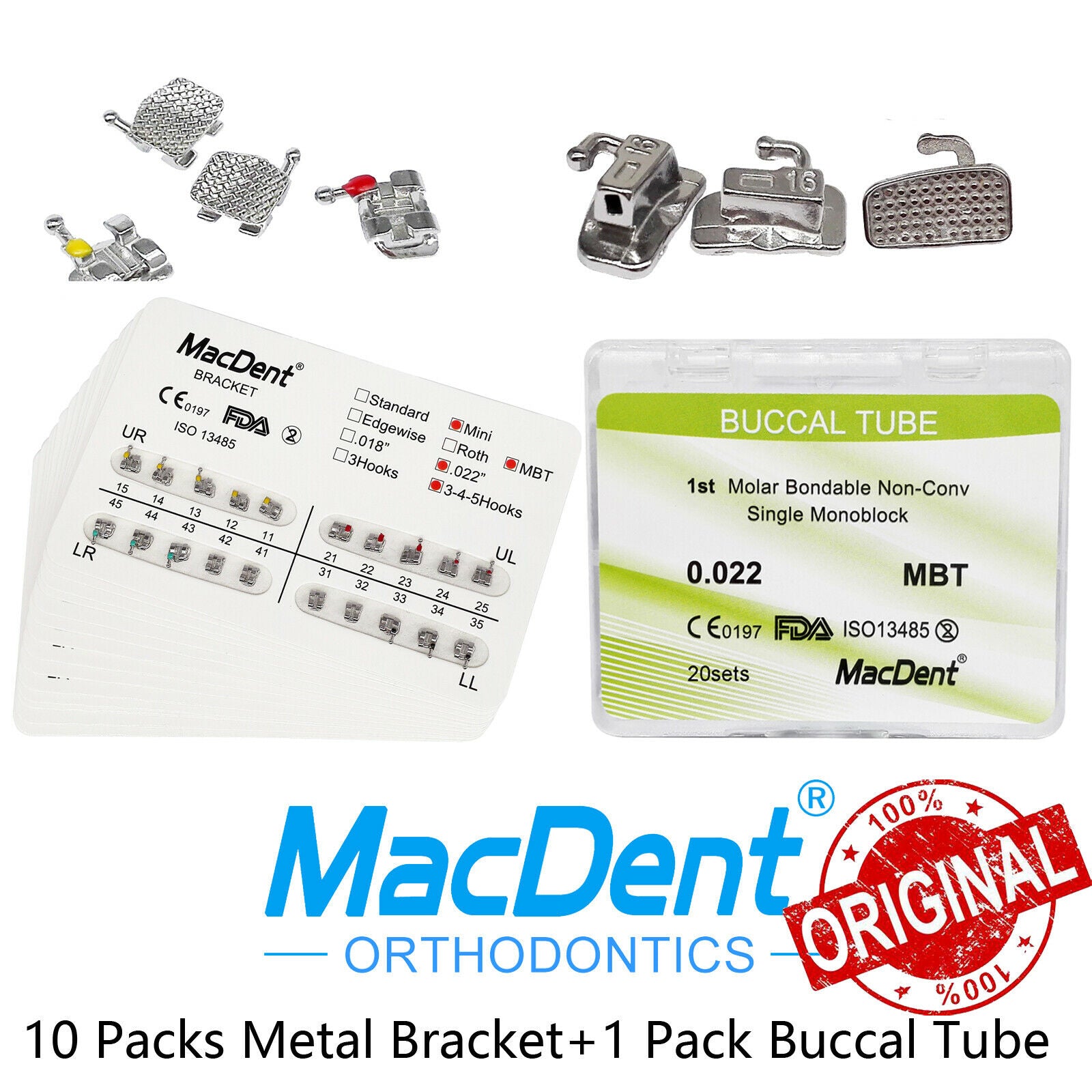 10X Dental Orthodontic Brackets Metal Mini MBT 022 Hook 345 +1 Pack Buccal Tube