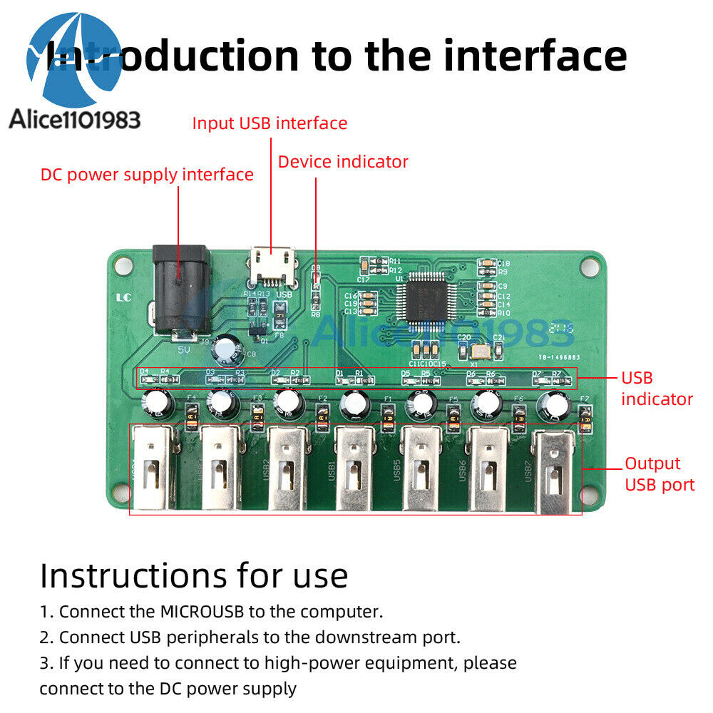 USB 2.0 HUB 1 to 7 Port Hub USB Expansion Module MTT Chip 7 USB Interface