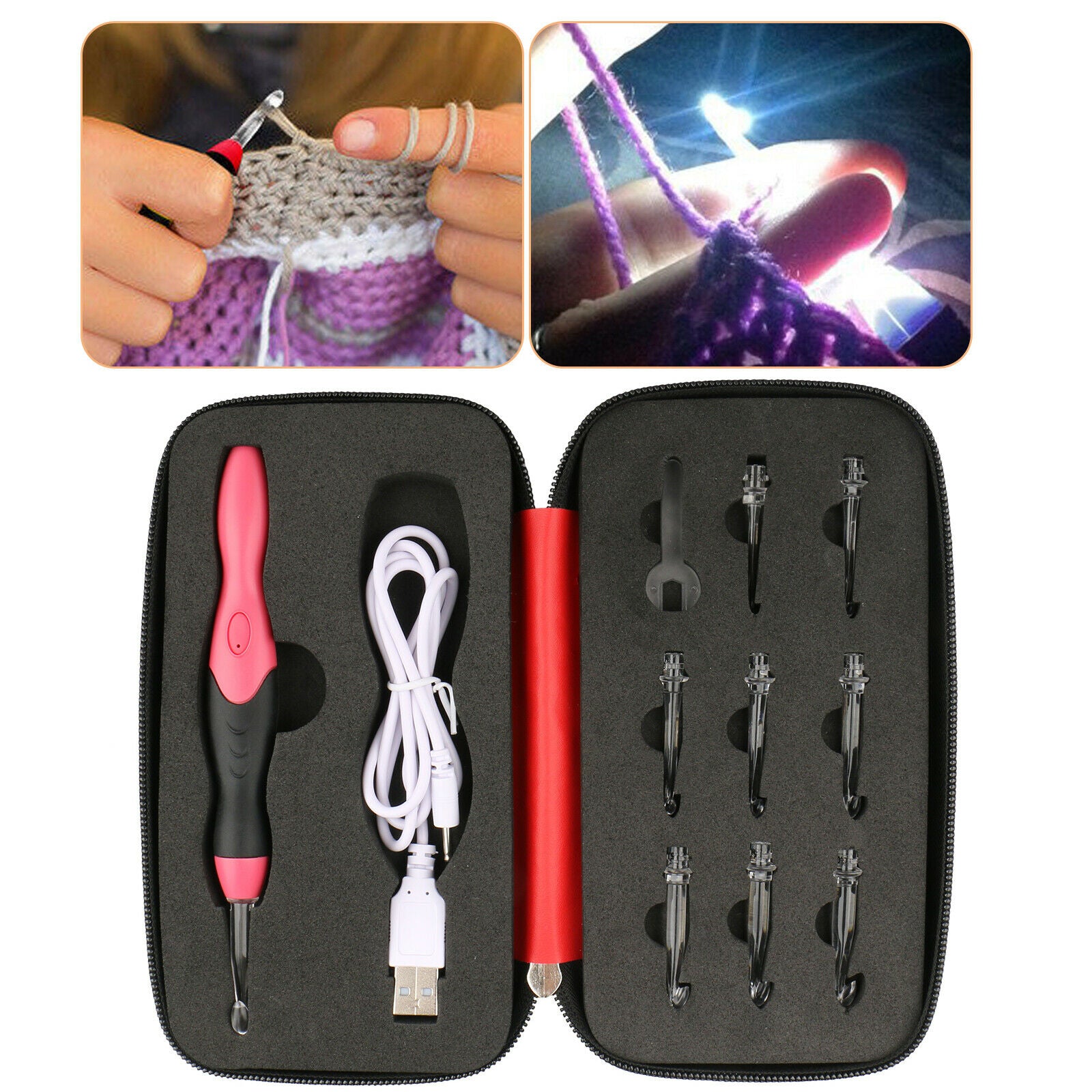 9 in 1 USB LED Luminescent Crochet Hooks Knitting Needles Weave Sewing Tools Set