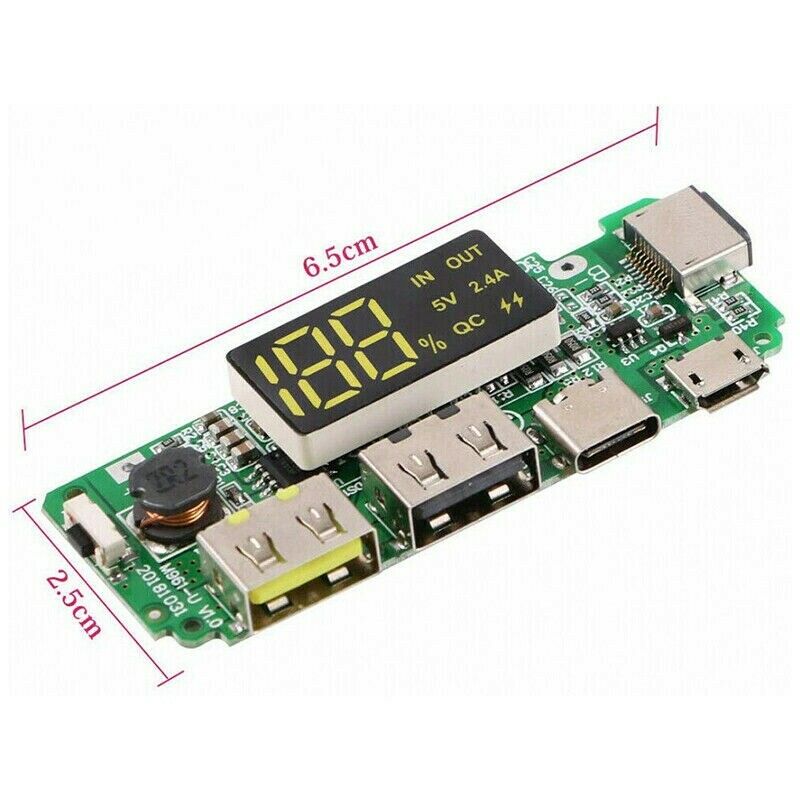 LED Dual USB 5V 2.4A Micro/Type-C / Flash USB Power Bank Charger Board US