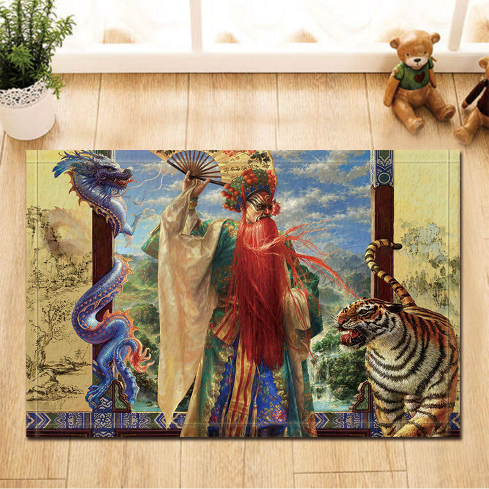 Chinese Peking Opera With Tiger And Dragon Flannel Non Slip Bathroom Door Mat
