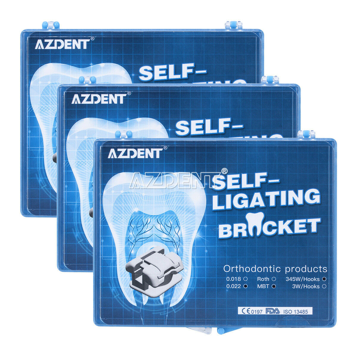 3 X AZDENT Dental Ortho Self-Ligating Brackets MBT 022" 345 Hook & Buccal Tube