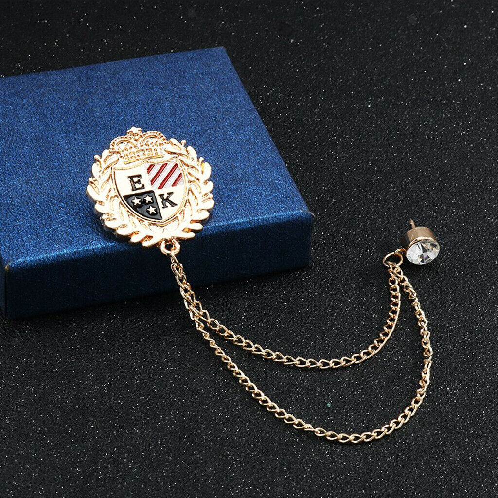 2 Pcs Crystal Shield Brooch w/ Tassel Chain Wedding Prom Label Pin Jewelry