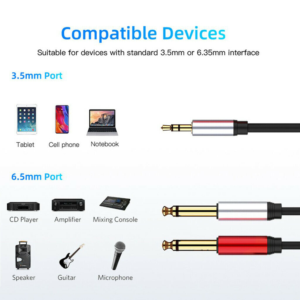 Stereo 1/8" Mini Jack to Dual 1/4" Cable Smartphones 3.5mm to Mixer 6.35mm Cord
