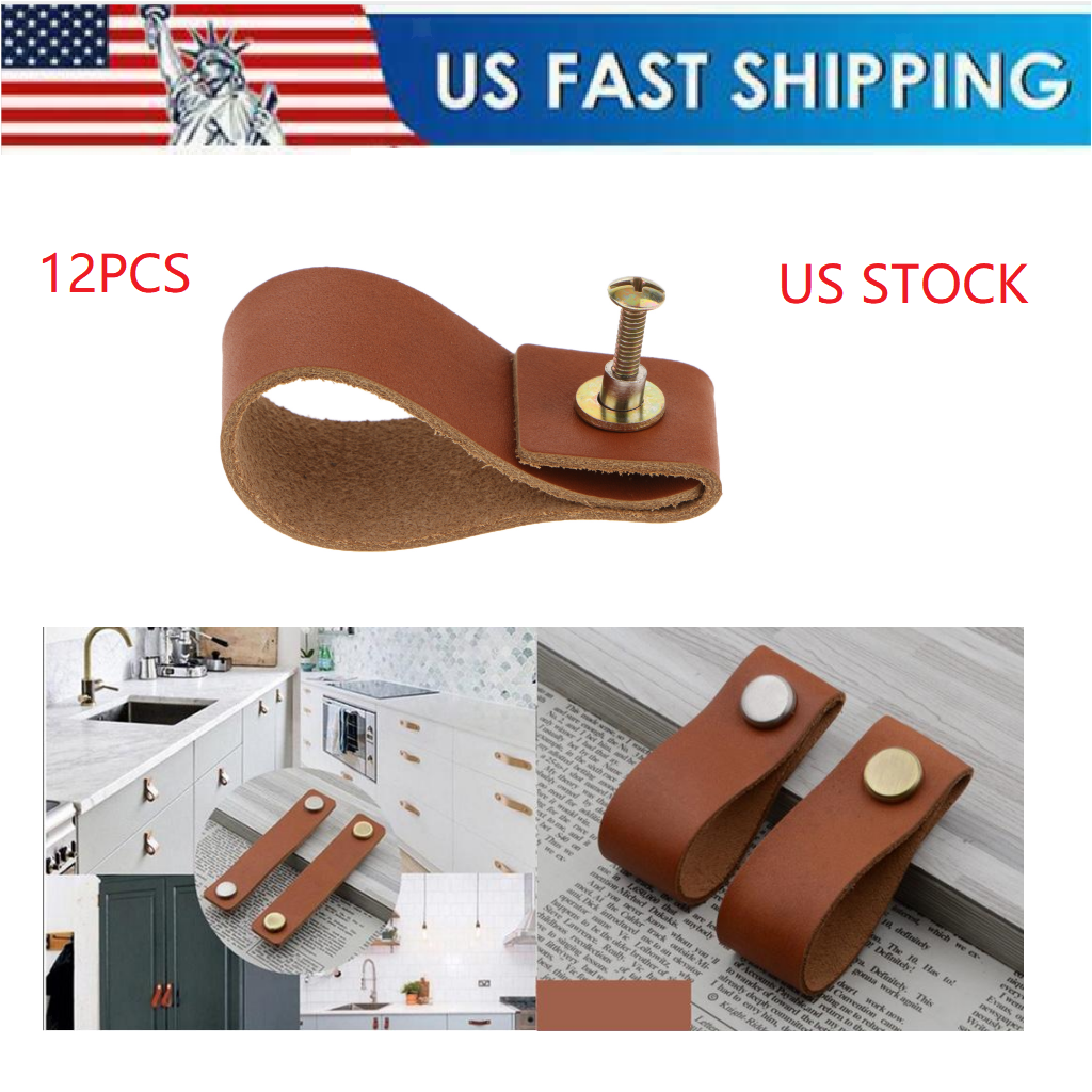 Set of 12 Leather Handle Cabinet Door Drawer Pull Strap, Leather Loops Furniture