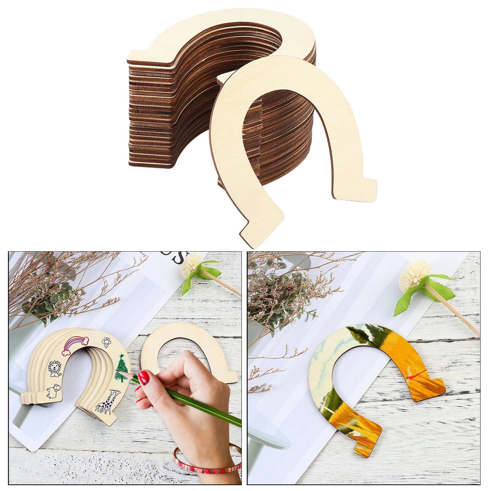 DIY Wooden Slices Crafts Horseshoes Shape Pieces Cowboy Hanging Decoration
