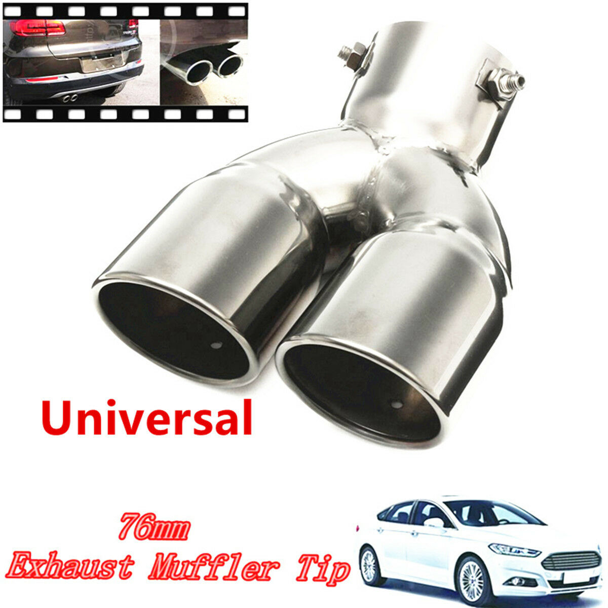 1x Durable Chrom High Flow 76mm Stainless Steel Car Rear Round Exhaust Muffler