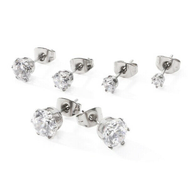 Set 5 Pairs 316L Stainless Steel Round Clear Cubic Zirconia Ear Stud Earring