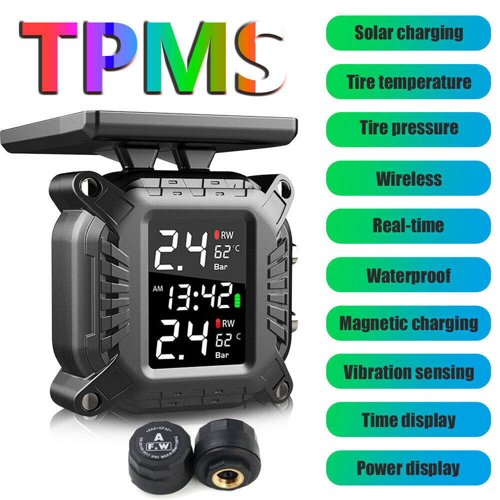 Waterproof Solar Motorcycle TPMS LCD Tire Pressure Monitor System w/ 2 Sensors