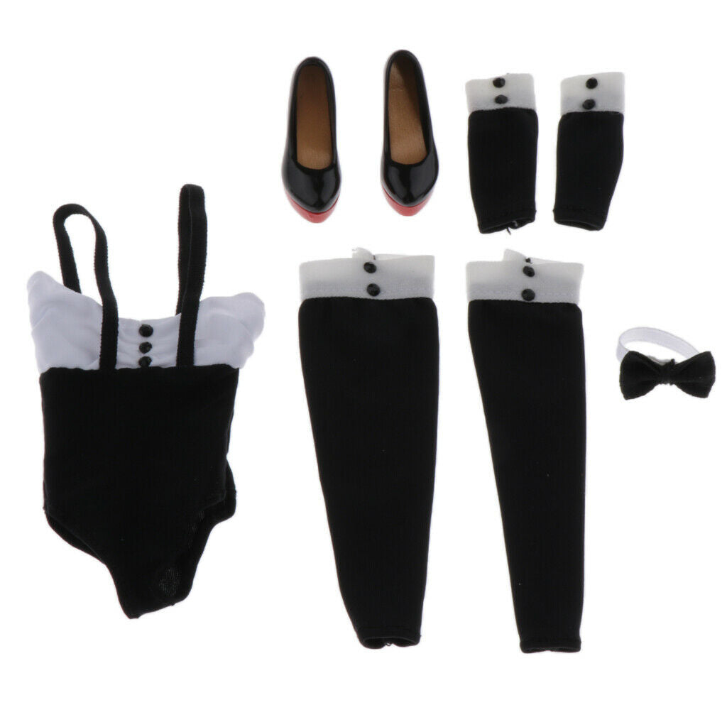 1/6 Bartender Girl Outfits, White Black Bodysuit + Stockings + Sleeves + Pumps +