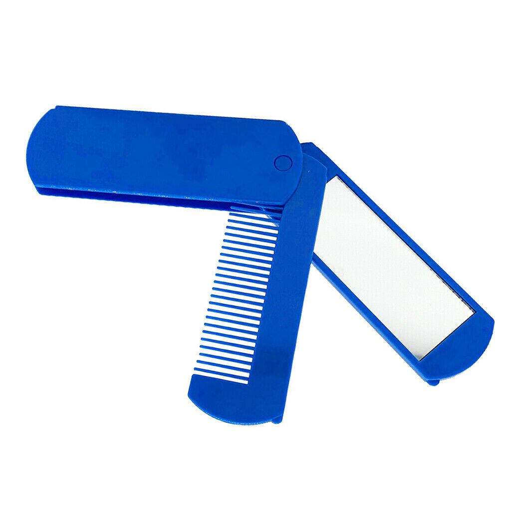 Foldable Travel Beard Comb Mustache Shaving w/Makeup Mirror for Pockets Blue