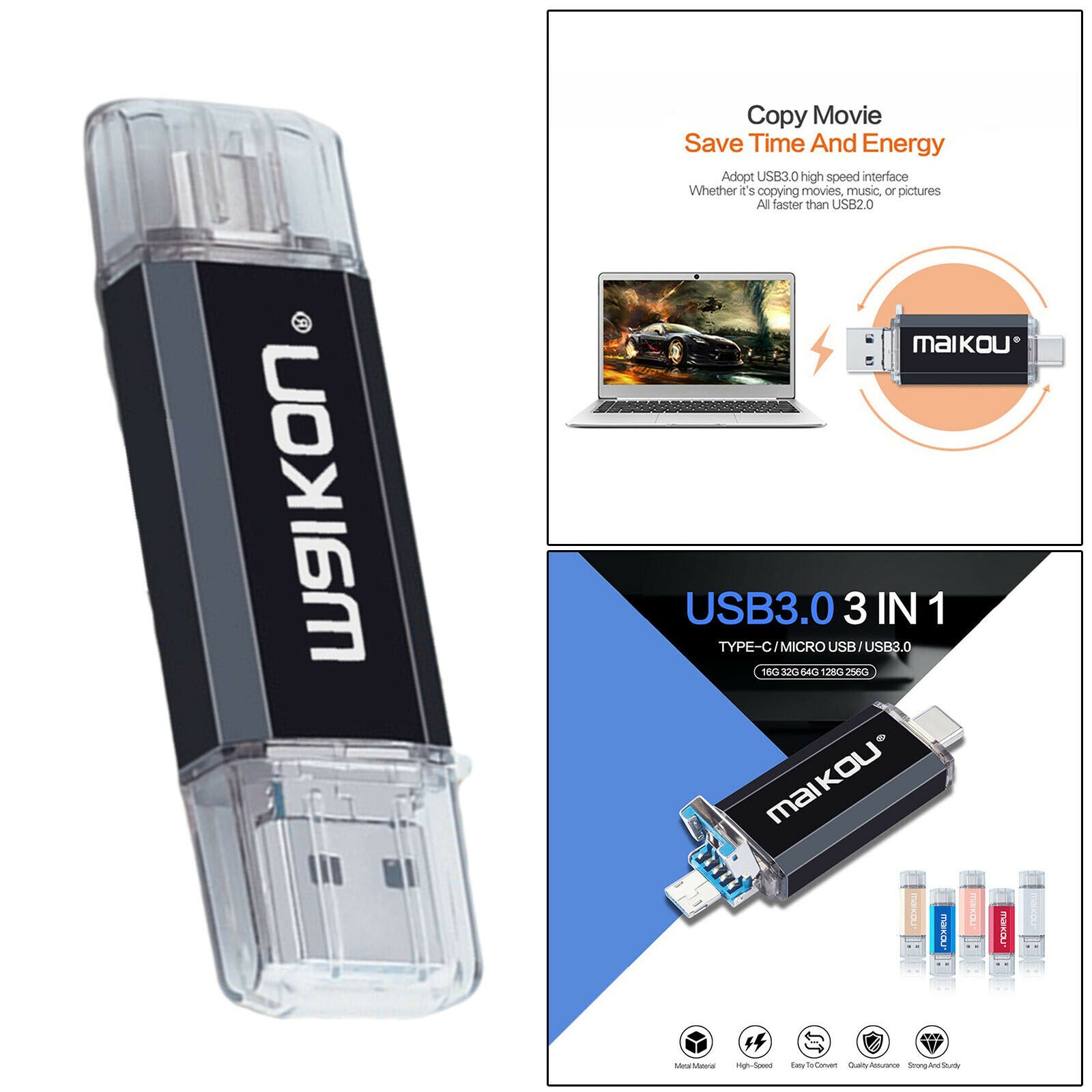 Portable 3-in-1 64G USB 3.0 Flash Drive Type-C&Micro USB Memory Stick Black