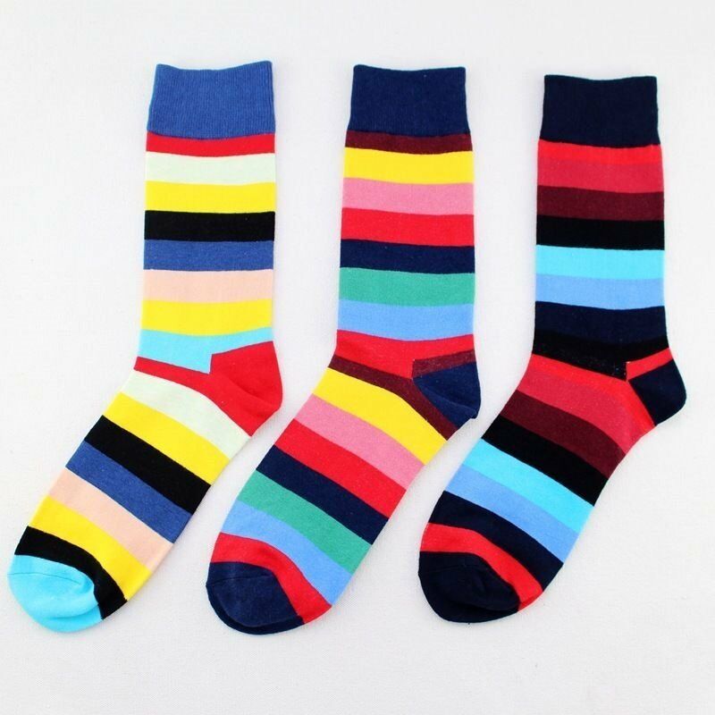 3Pairs Men Cotton Socks Lot Colorfu Striped Casual Happy Socks