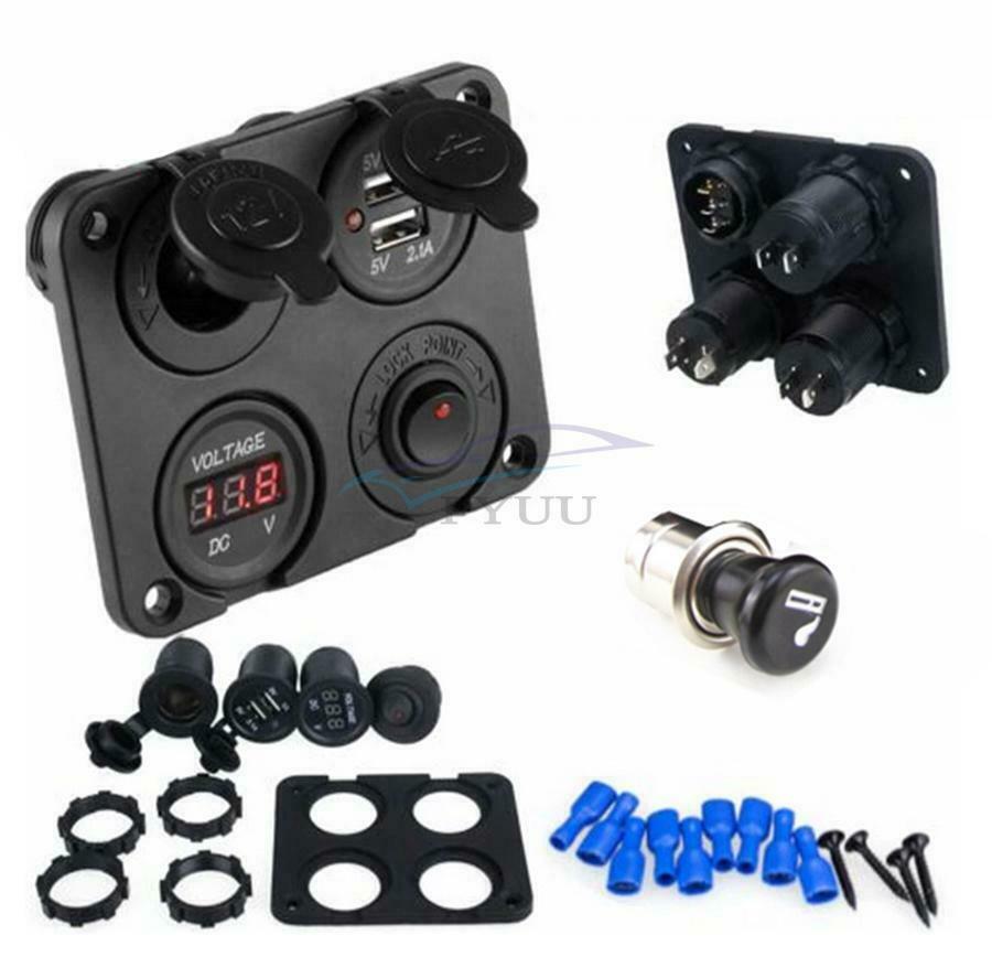 4Hole Panel Dual USB Charger Power Socket Voltmeter On-Off Switch For Marine Car