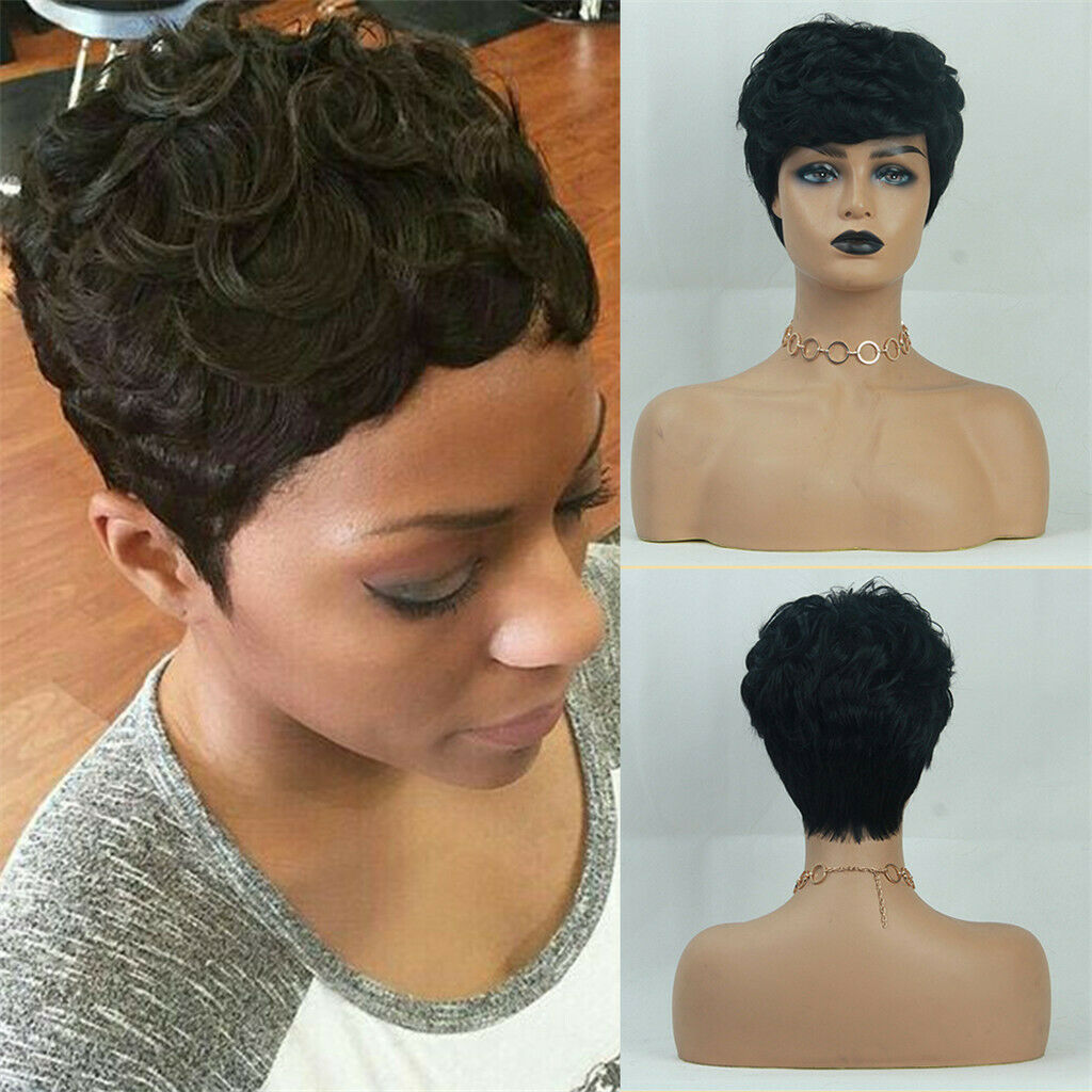 8'' Short Curly   Women Human Hair Wig Side Part Pixie Cut Black Wigs