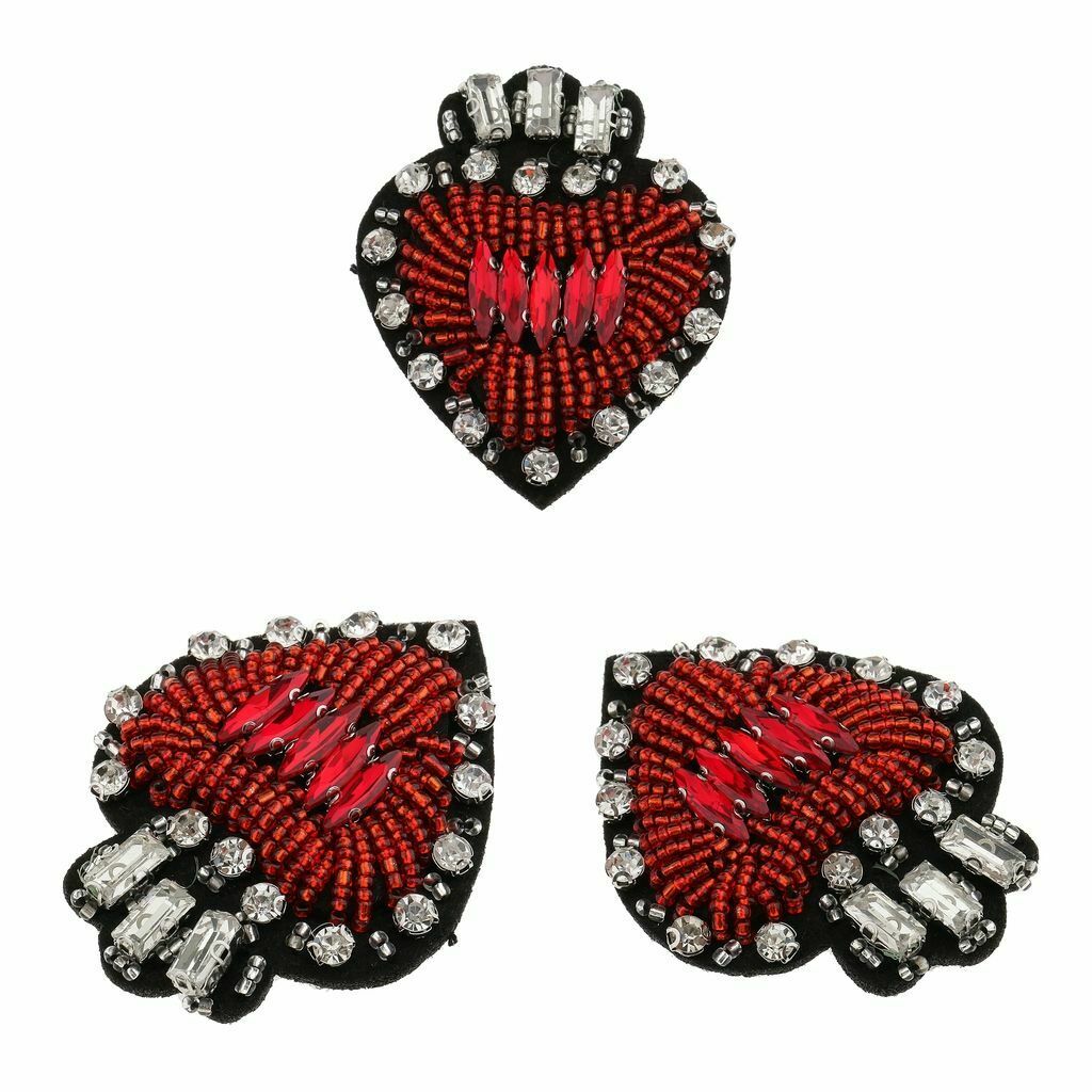 3 Pieces Patch Applique Sew on Metal Beads Rhinestones Heart Shape