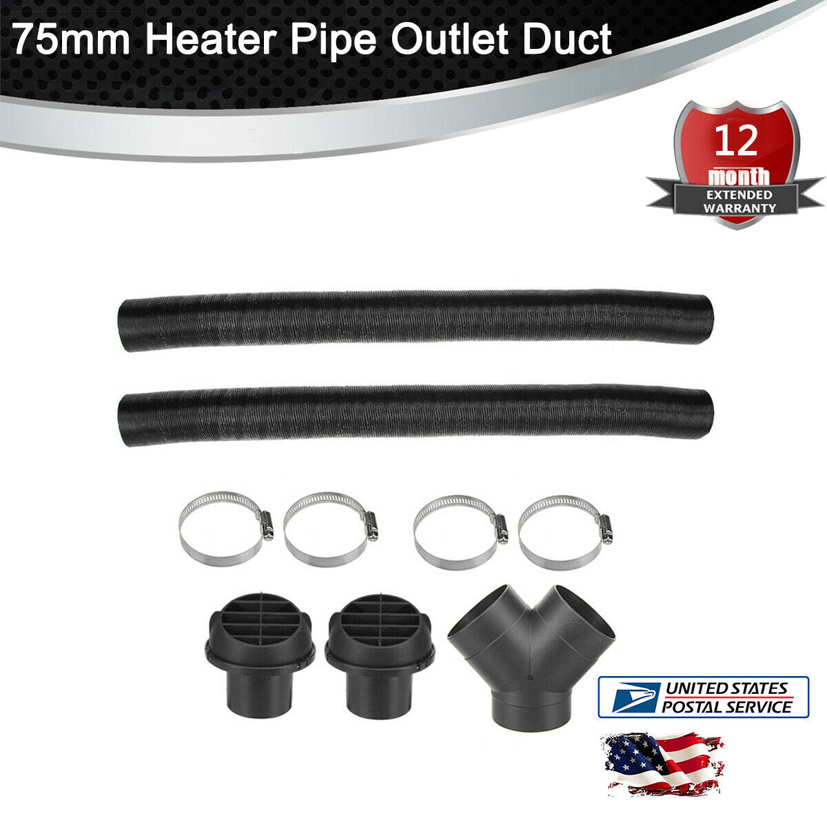 Car Heater 75mm/2.95in Heater Pipe Duct + Warm Air Outlet + Y Branch + Hose Clip