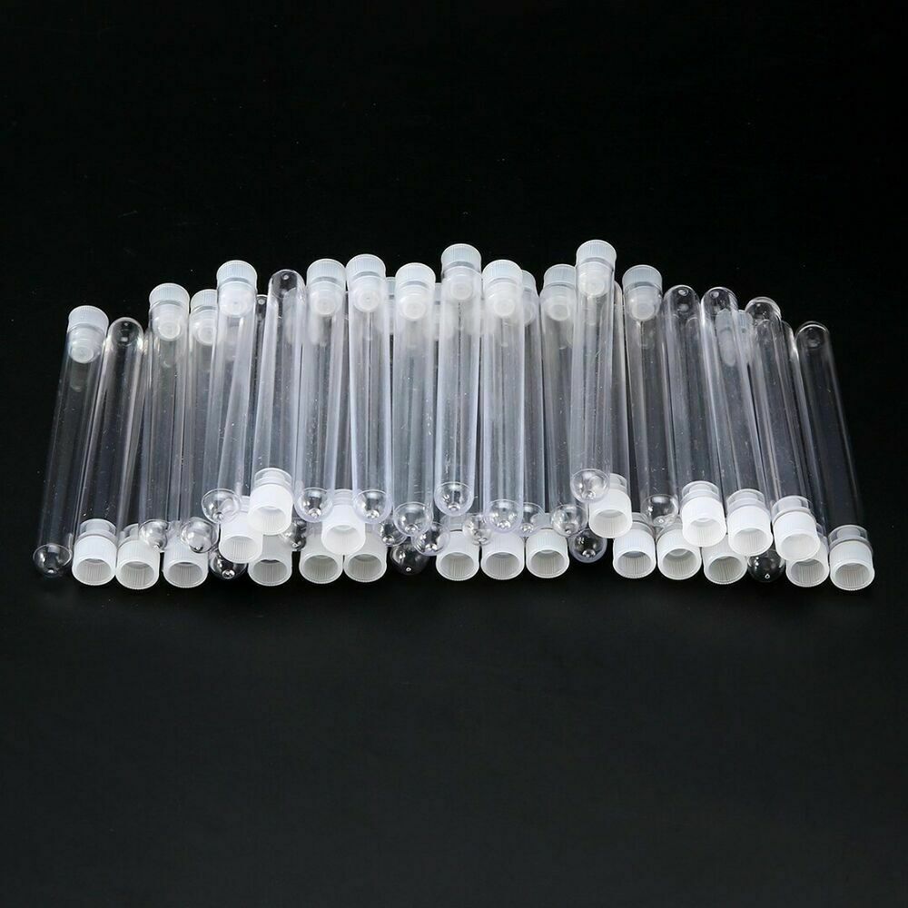 50Pcs 100mm x 12mm Transparent Plastic Test Tubes Vials With Push Caps Kits