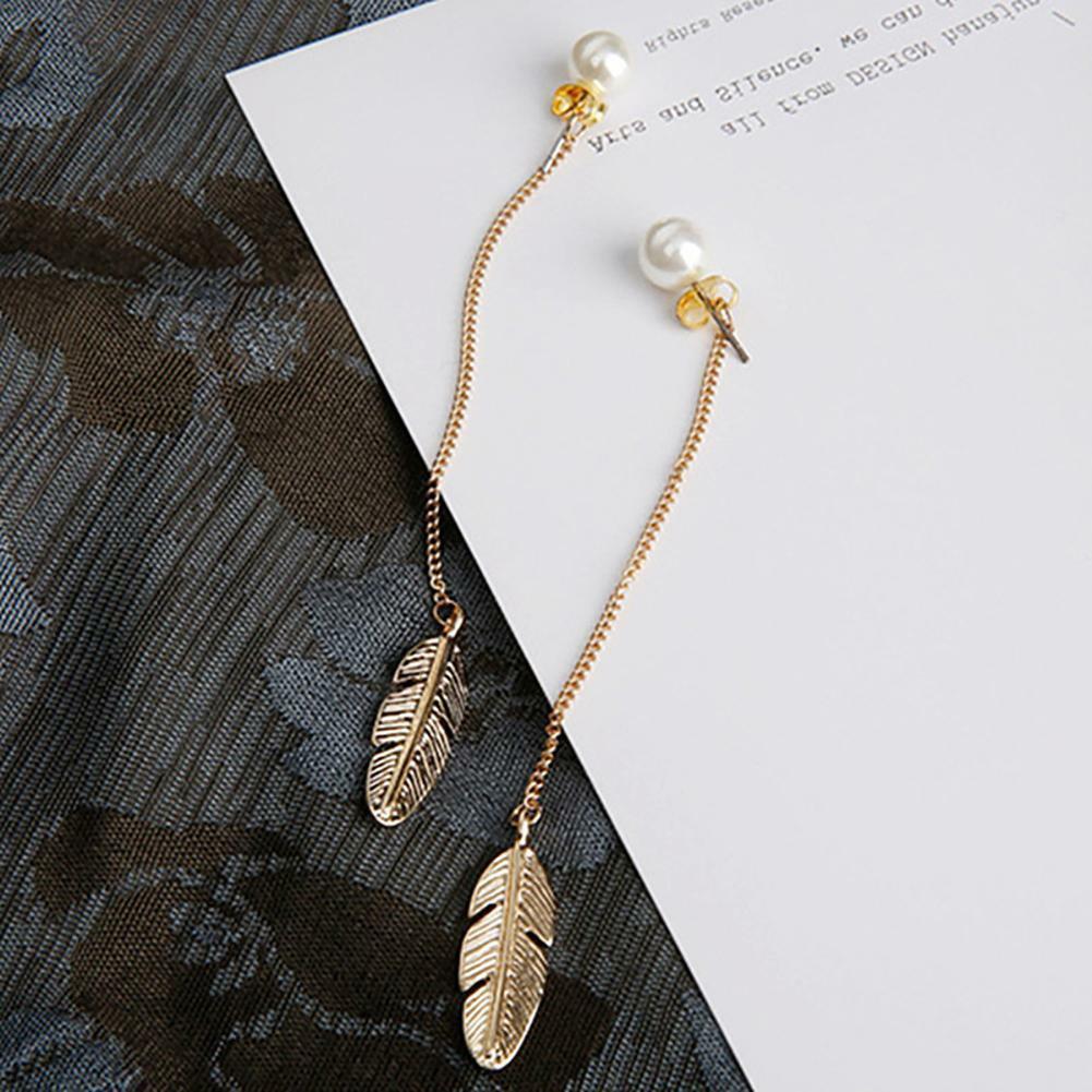Korean Style Simulated Pearls Long Tassel Leaf Feather Dangle Earrings Jewelry