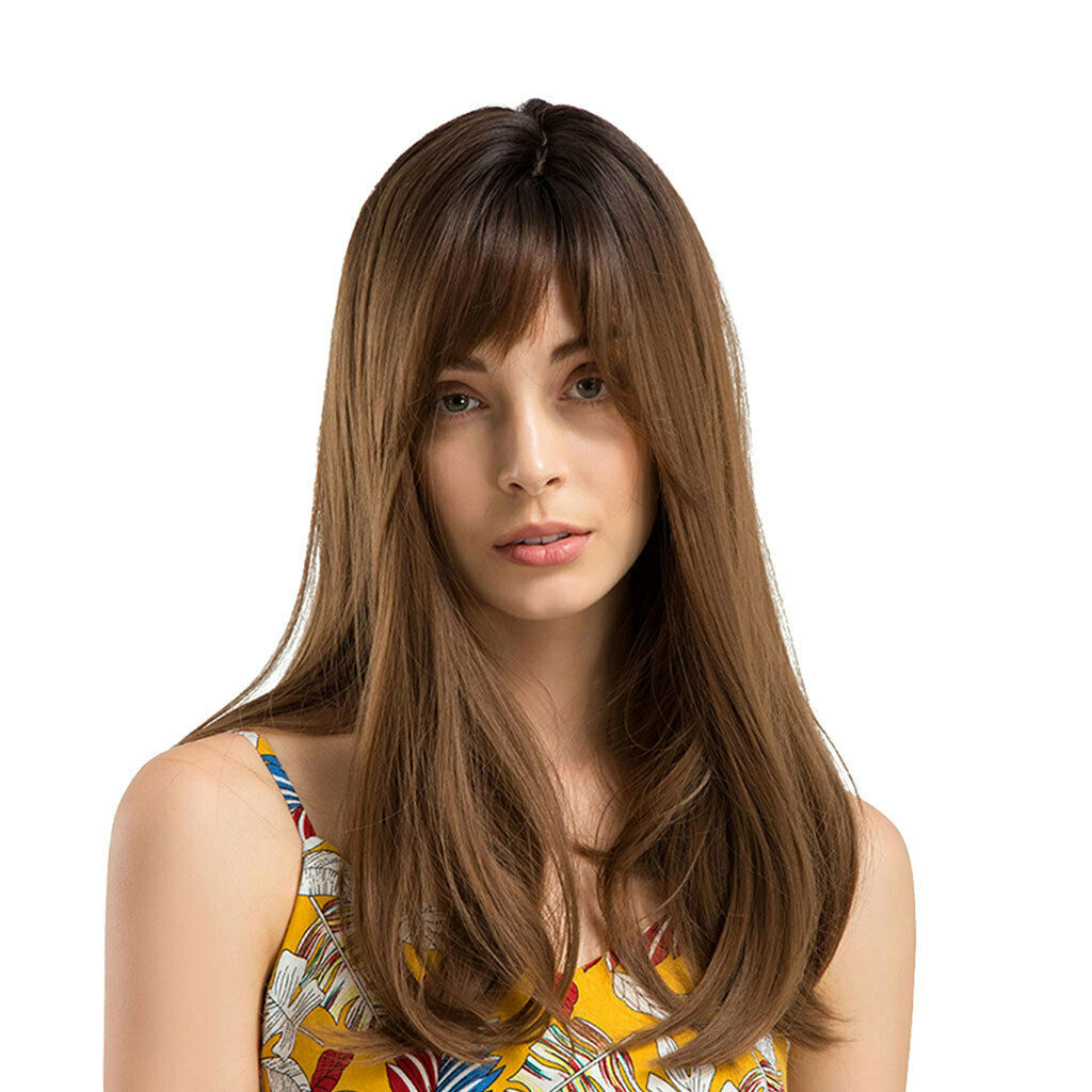 Women Long Wavy Curly Wig Natural Realistic Synthetic Wigs 45cm With Bangs