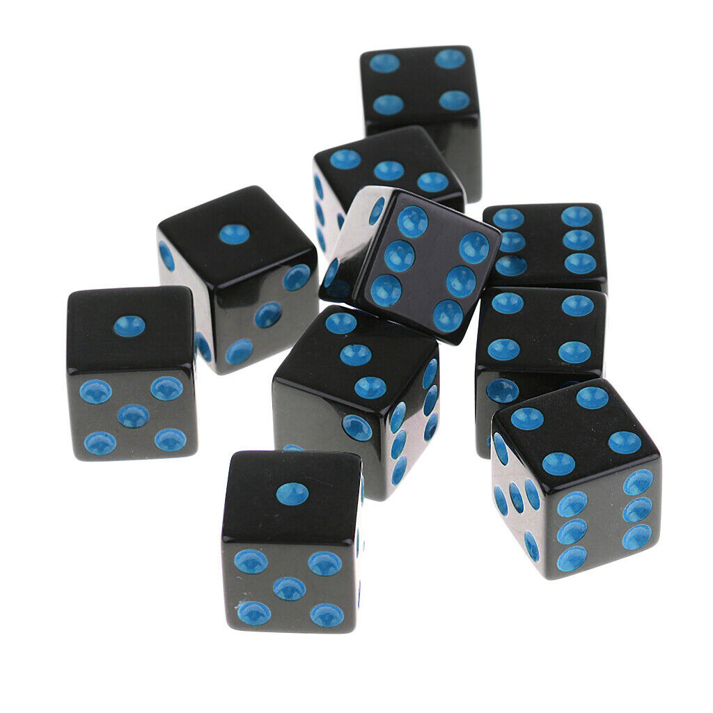 Acrylic 6 Sided Square Opaque D6 16mm Standard Dice Black w/ Blue Pips