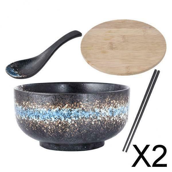 2X Ceramic Japanese Ramen Bowl Large Porcelain Bowl with Lid and Spoon Ramen