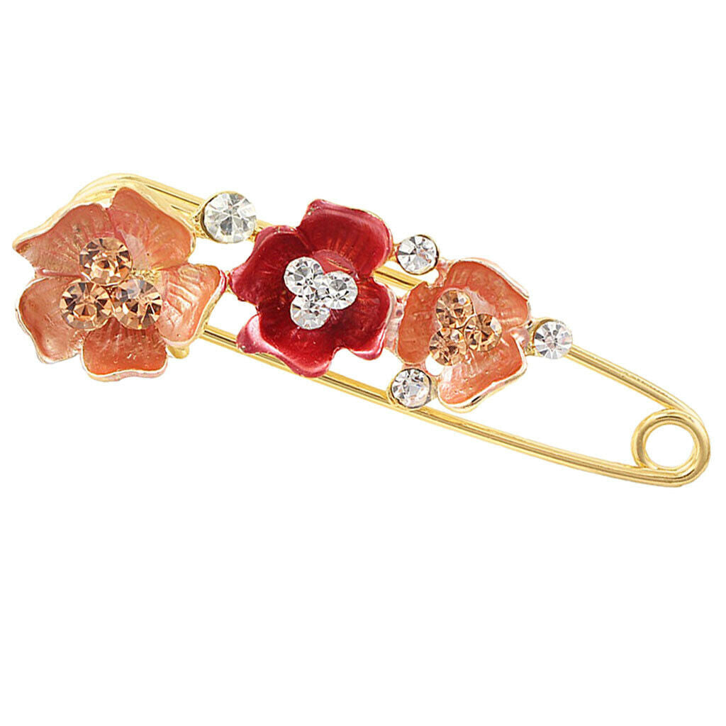 Women's Crystal Rhinestone Camellia Flower Brooch Pin Golden Tone Red