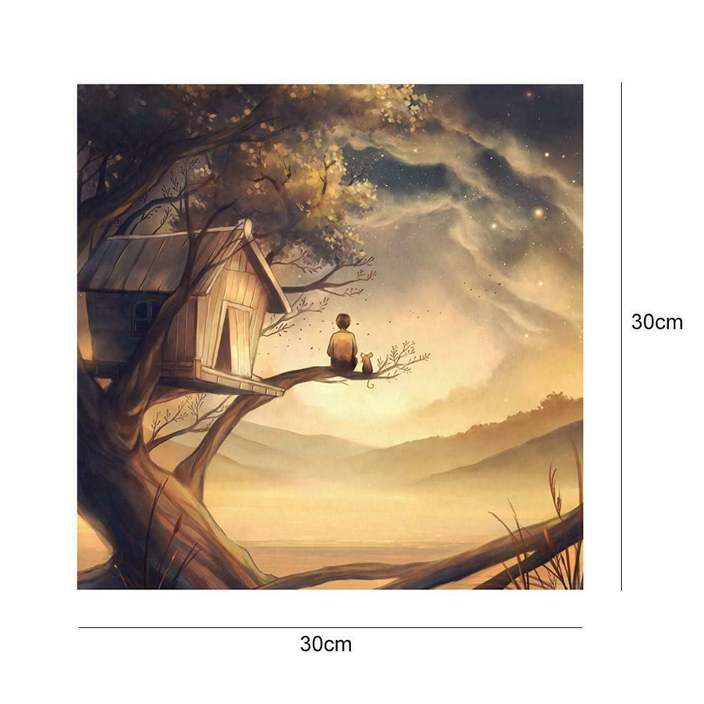 Wooden House Boy Round Diamond Painting 5D Full Drill Cross Stitch Drawing @