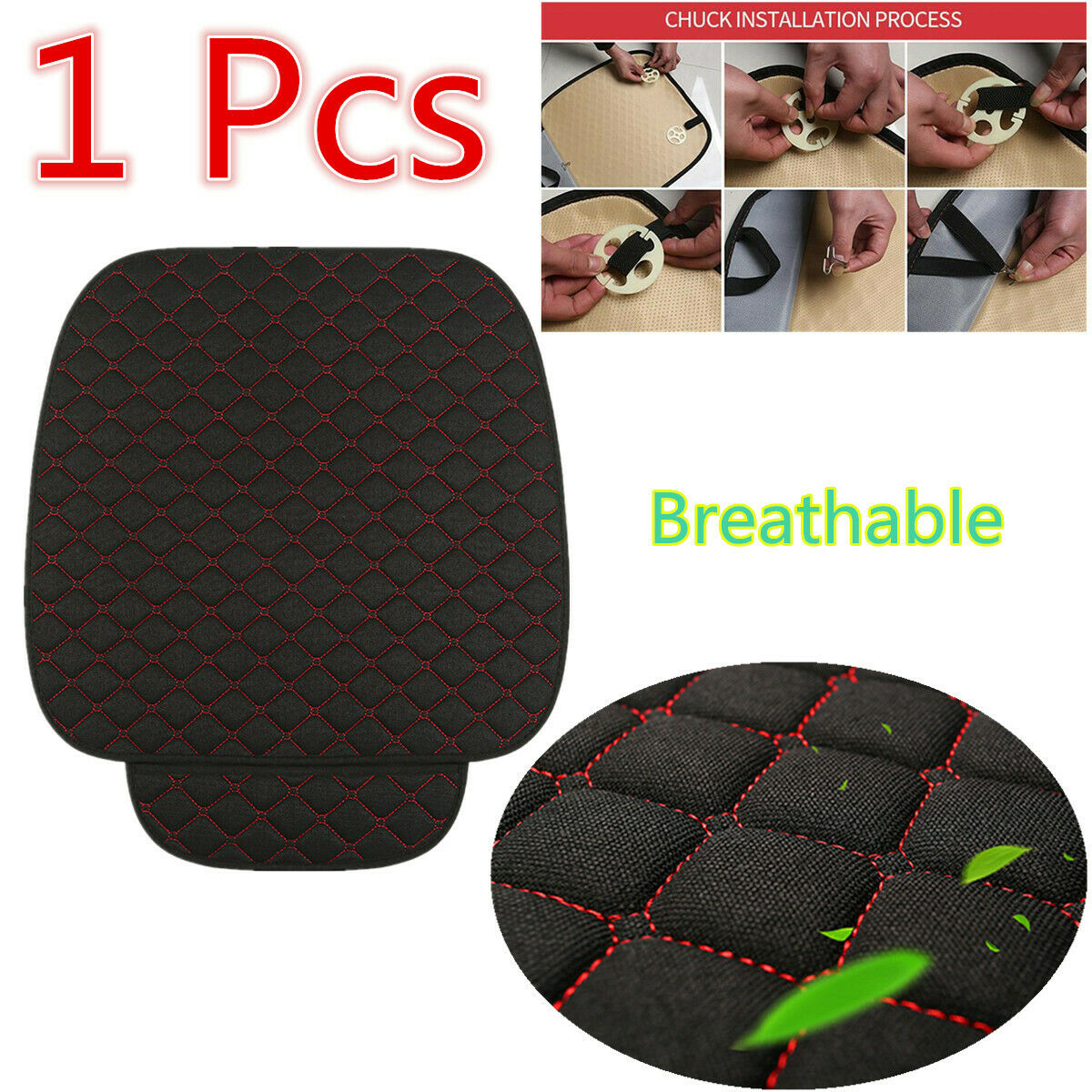 1 Pc Vehicle Front Seat Cover Black and red Breathable Fine Linen Four Seasons