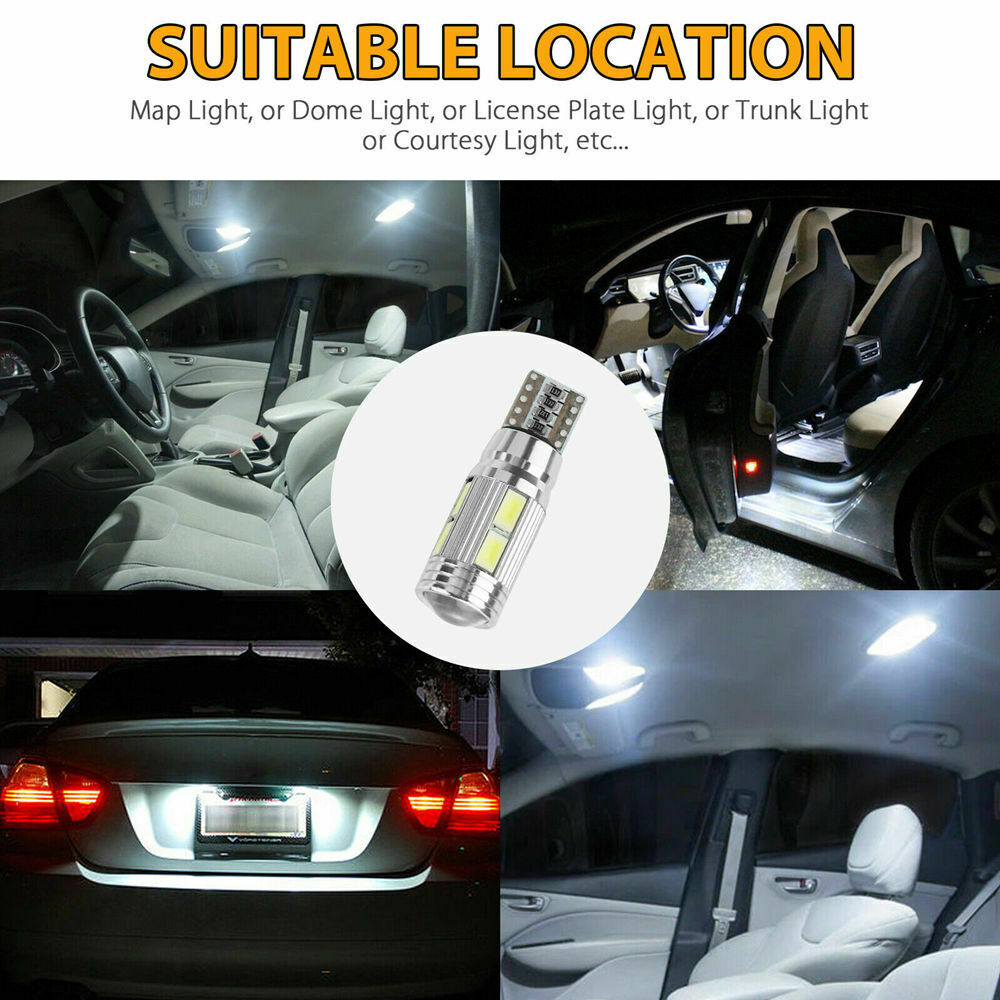 10PCS T10 LED Interior License Plate Light Bulbs 6000K Super White 168 194 2825