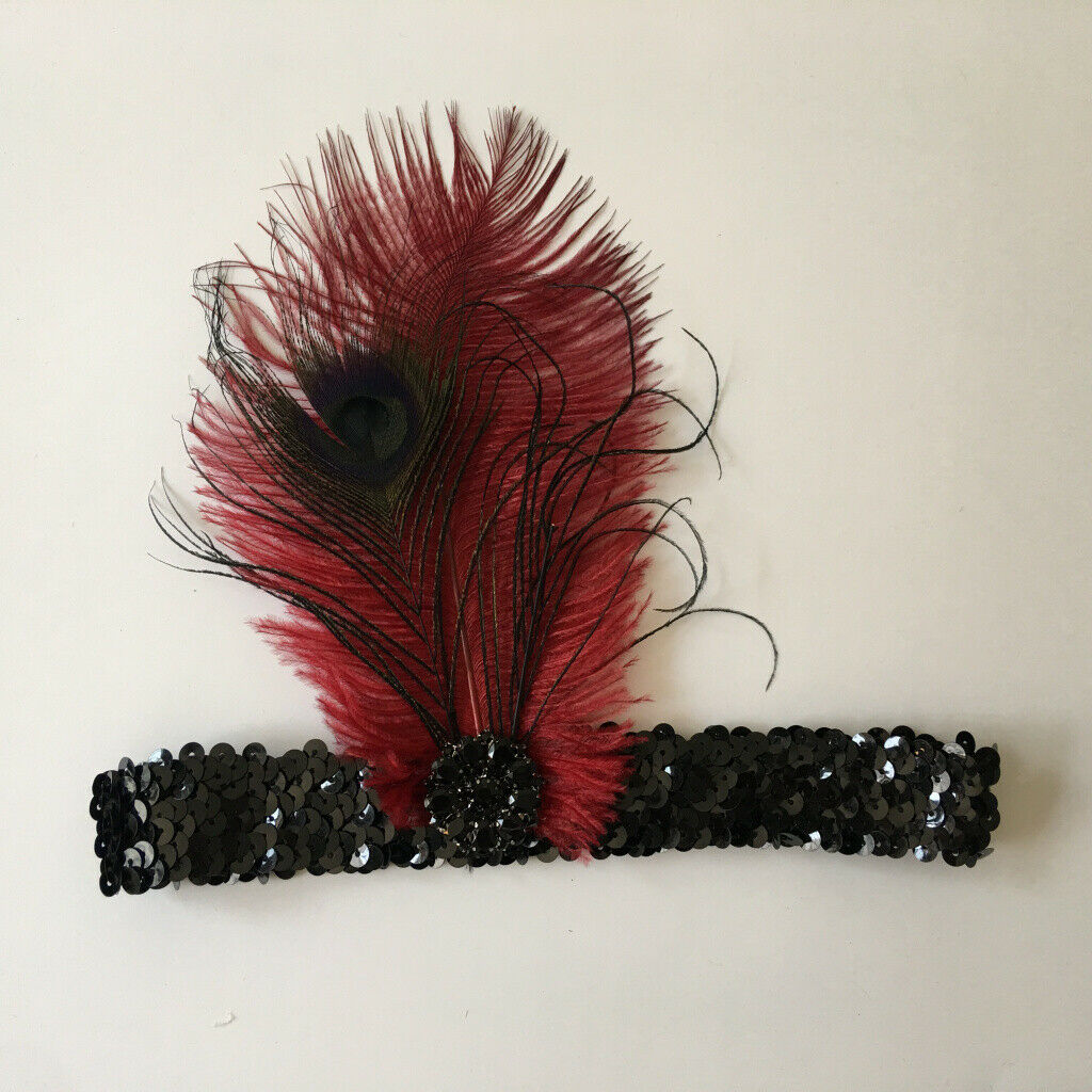 Wine Feather Flapper Headband 1920s Stretchy Headdress Charleston Headpiece