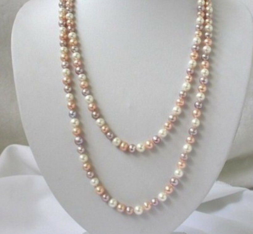 7-8mm white pink purple freshwater pearls necklace 50" A+
